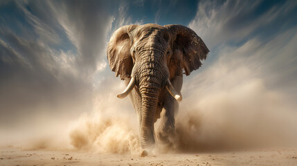 Fototapeta premium Massive African elephant charging forward through desert dust cloud with dramatic wide-angle perspective and dynamic blue sky backdrop
