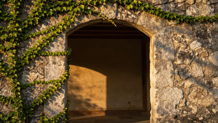 Fototapeta premium Stone Archway Entrance Framed by Lush Green Ivy Vines on Ancient Textured Wall with Warm Sunlight Casting Dramatic Shadows Inside