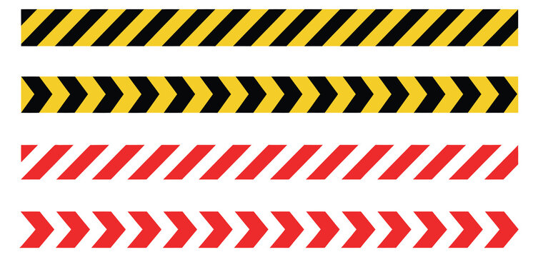 Caution warning tape vector set, diagonal striped seamless pattern in red, white, black, and yellow for barricade tape, construction safety, hazard alerts, and protective signage in vector design.