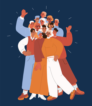 Cartoon vector illustration of a crowd waving their hands, showing excitement, greeting, or celebration
