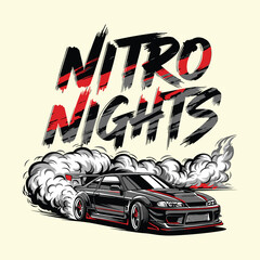 A black sports car drifts at night with smoke and nitro tshirt design © MdAnisul