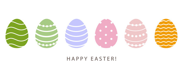 Easter eggs illustration set with pastel decorative patterns and Happy Easter text, spring holiday banner template for greeting card, social media, seasonal poster, packaging or web design vector © Annetuas