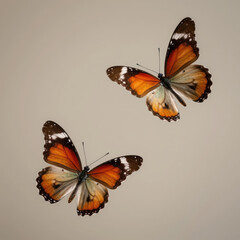 Obraz premium Two Vibrant Orange and Black Butterflies in Flight Against a Neutral Beige Background, Nature Photography with Detailed Wings and Soft Lighting