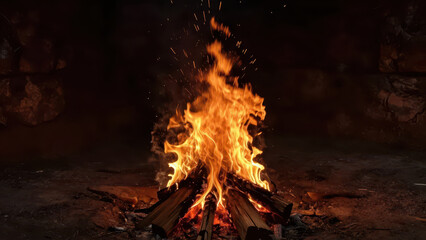 Vibrant Campfire Burning with Glowing Embers and Flying Sparks in a Dark Rocky Outdoor Setting for Warmth or Storytelling