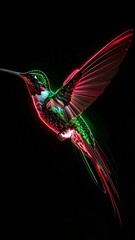 Fototapeta premium Close up of a vibrant hummingbird mid flight with colorful lights against a dark background