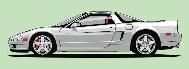 A sleek silver sports car with red accents on a light green background tshirt design © MdAnisul