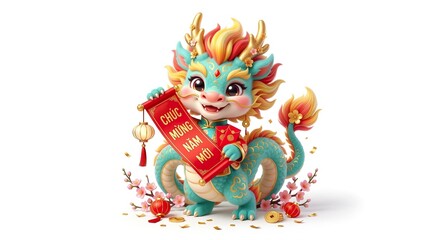 Naklejka premium Cute Chibi Vietnamese Dragon Spirit 3D Illustration for Asian Lunar New Year, pure white background