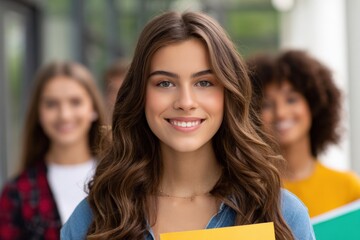 Obraz premium Female young student smiling holding folder backpack in school hallway teen portrait bright welcoming atmosphere