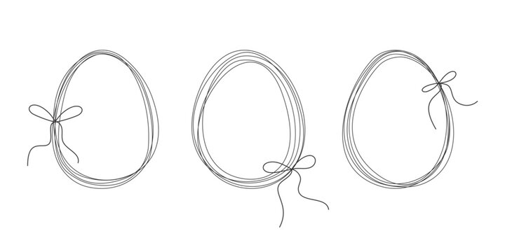 Easter eggs continuous line vector illustration, minimalist one line egg set with ribbon bows, elegant outline Easter design for greeting card, poster, banner, branding, web and print