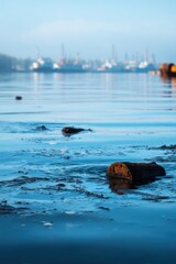 Fototapeta premium Rusty barrel floating in polluted harbor water with blurred ships on the distant skyline and oily surface at low tide