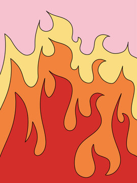 Red, Orange and Yellow Flame Shaped Pattern. Cute Hand-drawn Doodle Sparkle Fire on Pink Background