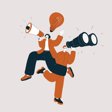 Cartoon vector illustration of a woman with a lightbulb above her head holding a megaphone while a man looks through binoculars, symbolizing ideas, communication, and observation