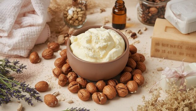 Bowl containing bath items, nuts, and shea butter on a bright surface