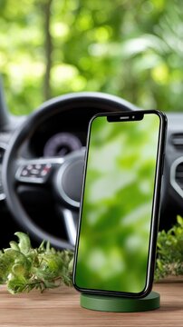 Green screen on iphone placed on stand in a car with blurred interior and greenery outside during daytime, ready for various applications and uses