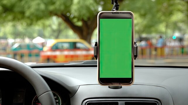 Front view of green screen iphone in car mount with blurred car interior background and motion captured in urban setting