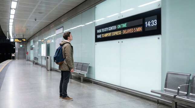 Young man stands in urban train station using spatial navigation to check safety and timing of trains on digital display board