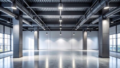 Naklejka premium Modern Commercial Interior With Polished Concrete Floors and Industrial Lighting
