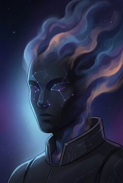 Mystical alien god avatar with zodiac stars and dark space galaxy background, ethereal spiritual astronomy concept art.