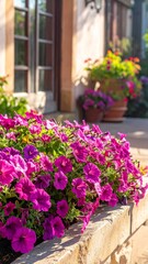 Fototapeta premium Vibrant Pink Petunias Bloom Abundantly In A Stone Planter Outdoors