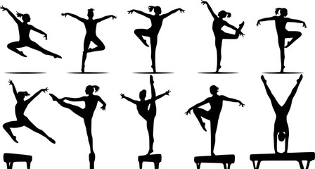 Fototapeta premium Solid black silhouette of a gymnast performing on a balance beam, minimalist artistic gymnastics sport and flexibility vector illustration.