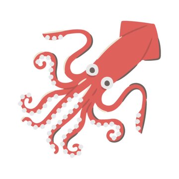 Animated orange squid cartoon marine animal with curling tentacles underwater cephalopod illustration showing playful ocean creature with big eyes flexible arms and simple flat aquatic wildlife design
