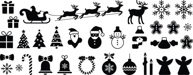 Naklejka premium Christmas silhouettes collection, festive vector art, holiday icons design, winter celebration outline, Santa sleigh reindeer, snowflakes trees gifts ornaments