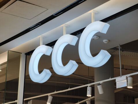 Prague, Czech Republic, March 12, 2026 &ndash; Exterior view of CCC store signage and logo at a shopping mall. Editorial photography of a retail shop entrance in the commercial district during business hour