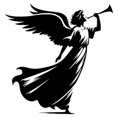 A black silhouette of an angel blowing a trumpet with large wings spread wide © Muhammad Asim