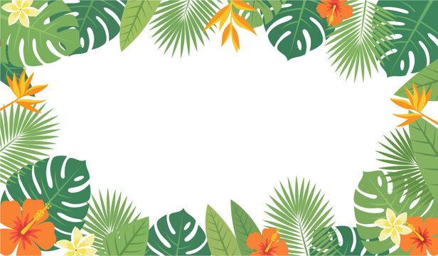 Tropical summer frame background in flat minimalist vector style. Copy space in center