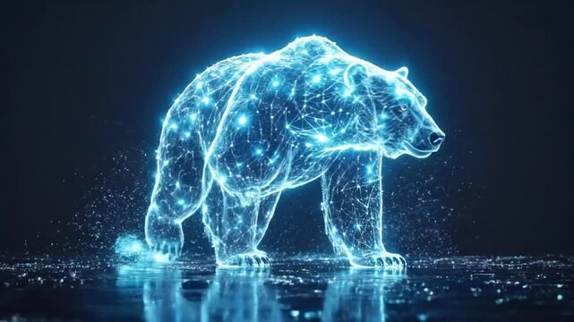 Digital representation of a bear, constructed from interconnected points, walking on a reflective surface.