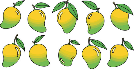 Obraz premium Fresh Mango Fruit Vector Set with Green Leaves Tropical Sweet Mango Illustration Collection for Healthy Food Design Summer Juice Menu and Organic Produce