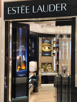 Prague, Czech Republic, March 12, 2026 &ndash; Exterior view of Estee Lauder store signage and logo at a shopping mall. Editorial photography of a retail shop entrance in the commercial district