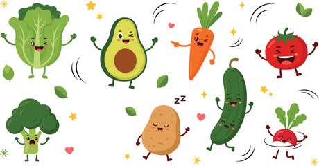 Cute cartoon vegetable characters vector set with avocado, carrot, tomato, cucumber, broccoli, potato and radish funny mascots