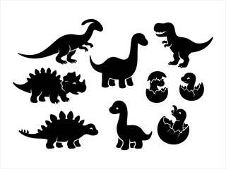 Collection of Black Dinosaur Silhouettes on White Background © Sunnn