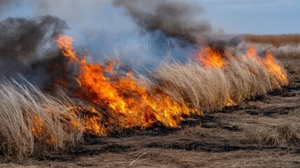Fototapeta premium Cereals and spring wheat burning in rural farmland near forest during wildfire in clear sunny weather