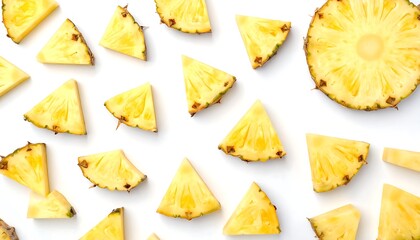 Naklejka premium Fresh Pineapple Slices Scattered on White Surface.