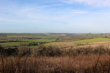 Fototapeta premium Panoramic View of Rolling Green Hills and Agricultural Fields in the English Countryside Under a Clear Blue Sky