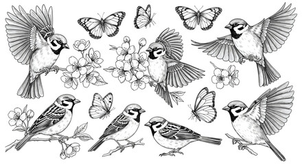 Black and white sparrow birds, butterflies and blossoms, vintage line art illustration, hand drawn nature wildlife floral design set collection © MDKANAL
