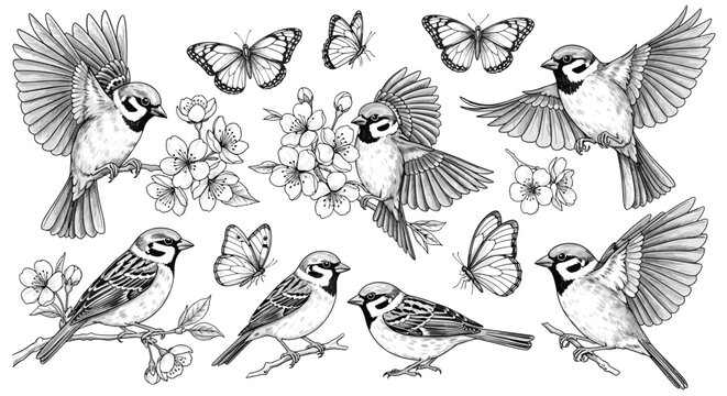 Black and white sparrow birds, butterflies and blossoms, vintage line art illustration, hand drawn nature wildlife floral design set collection