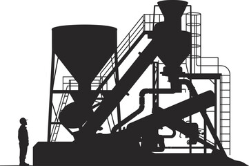 Industrial cement plant machinery silhouette, construction factory equipment concept, worker inspection scene, heavy industry production facility vector illustration