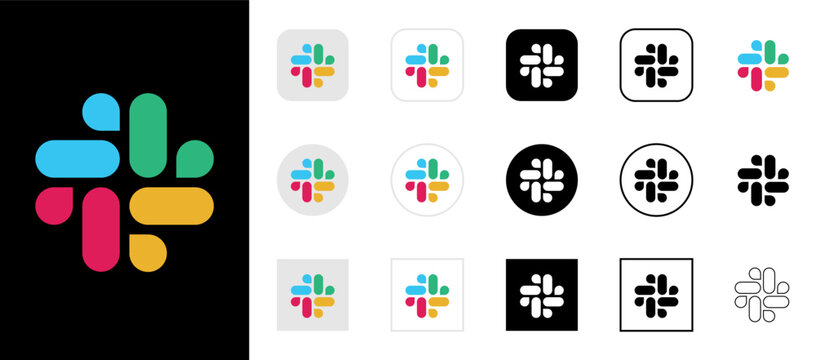 Slack logo icon collection with various styles in different shapes and sizes on white background