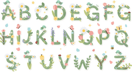 Cute spring floral alphabet letters vector set with flowers, birds, butterflies and leaves decorative botanical typography illustration © MdMojnu
