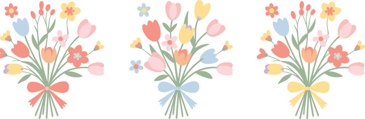 Pastel spring flower bouquets set with tulips leaves and ribbon bows decorative floral arrangement vector illustration isolated design collection