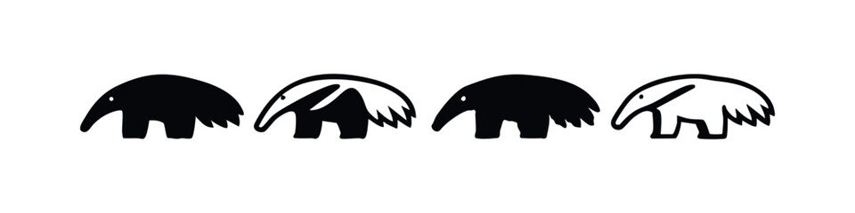 Fototapeta premium Cartoon Anteater Icon Set. Stylized Mammal Silhouette and Outline Illustrations, Forest Animal Collection.