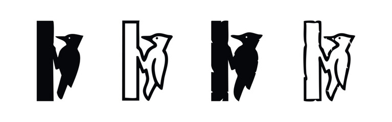 Woodpecker Vector Icons. Bird Silhouette and Outline Illustrations Perched on a Tree Trunk.