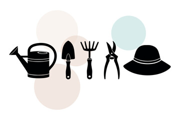 Silhouette set of classic gardening implements featuring sturdy watering can trowel rake and bypass pruners for home garden cultivation vector illustration design © Mst