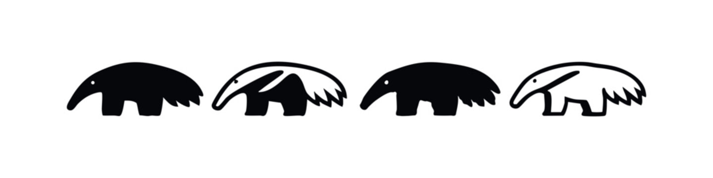 Cartoon Anteater Icon Set. Stylized Mammal Silhouette and Outline Illustrations, Forest Animal Collection.