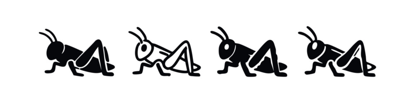 Grasshopper icon set. Black silhouette and outline style of an insect. Nature, agriculture and entomology vector illustration.