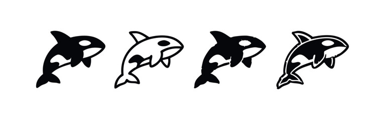 Orca Killer Whale Icon Set. Stylized Black and White Marine Mammal Silhouettes and Outlines. © liubomir118809
