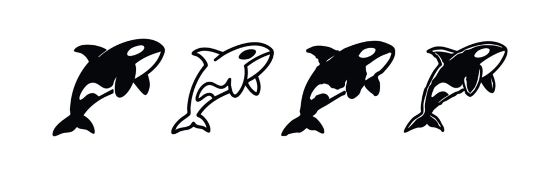 Orca Killer Whale Side Profile Icons. Cartoon Orca Silhouette and Line Art Set for Marine Design.